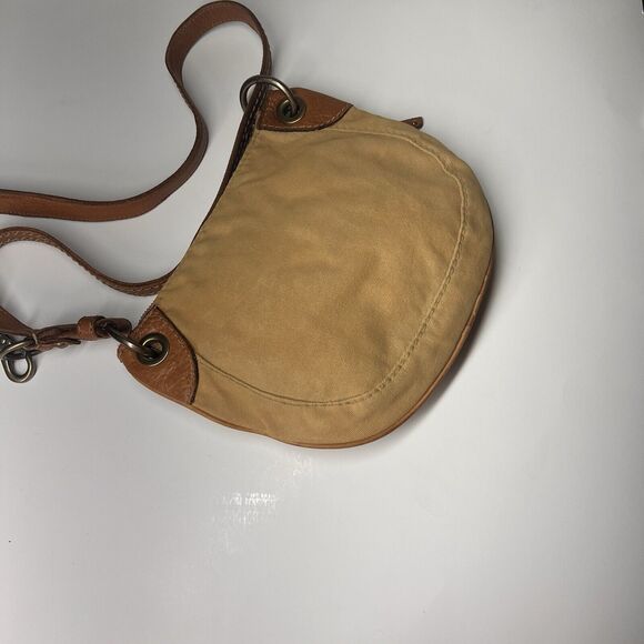 Fossil Crossbody Bag Vintage Tan Brown Camel Leather Canvas Adjustable Purse - Picture 5 of 8
